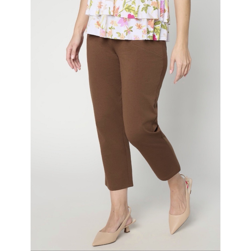 NEW Susan Graver Cotton Ponte Straight Leg Pull-On Crop Pant XL Brown Casual